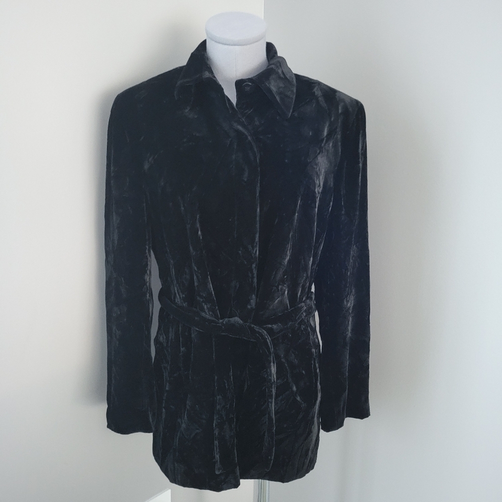 Vintage Y2K Jones New York Black Crushed Velvet Belted Jacket Sz 10